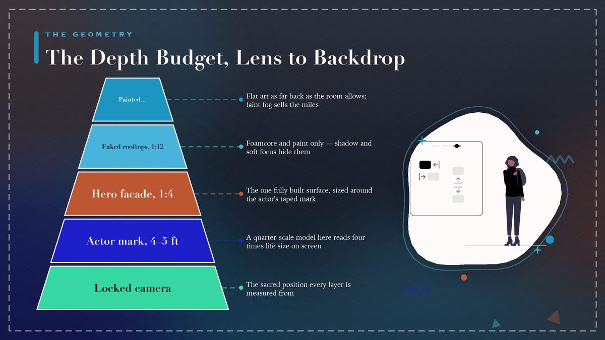 A pyramid diagram of the depth budget in a forced-perspective shot, from the locked camera at the base to the backdrop at the peak