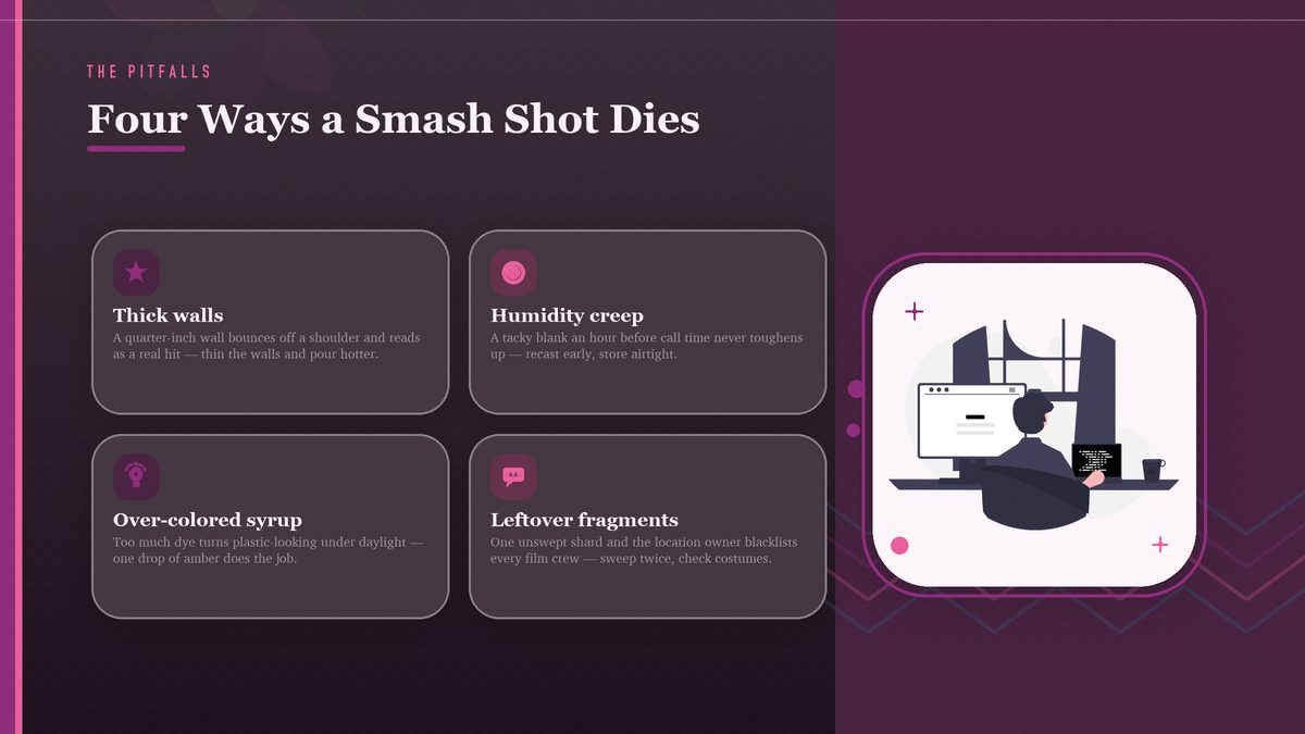 A four-tile grid showing the common failure modes of a smash shot — thick walls, humidity, over-colored resin, and leftover fragments — paired with the fix for each
