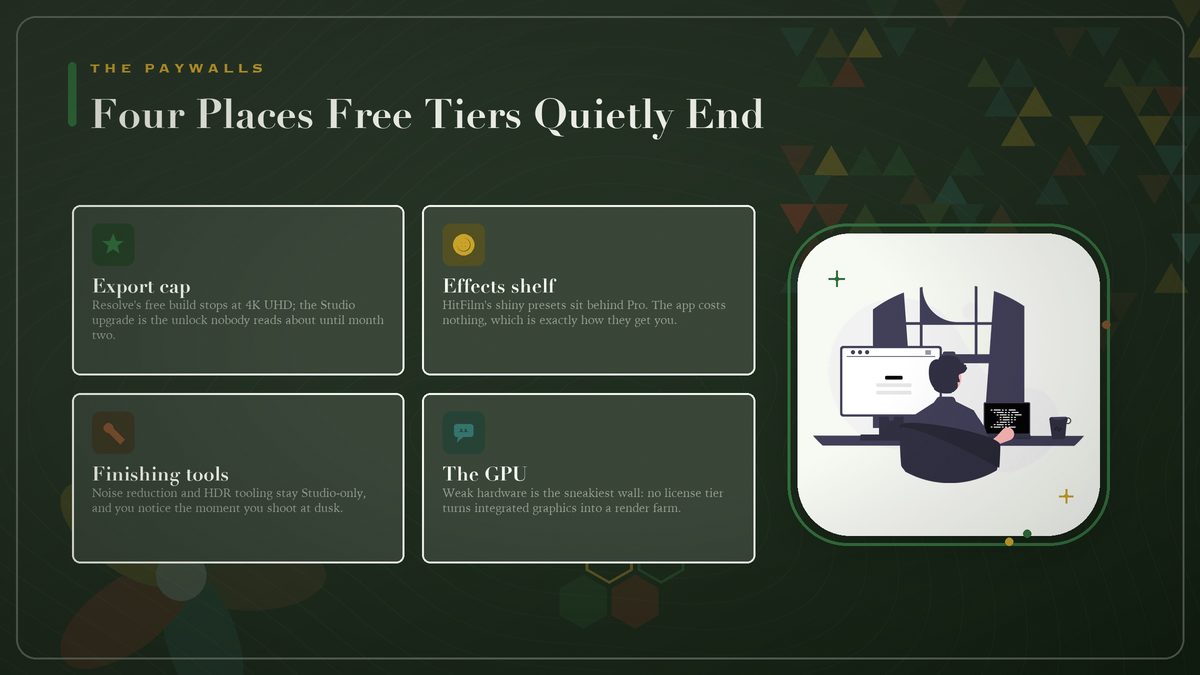Grid of four paywall locations in free VFX software: export resolution caps, effects libraries split into Pro tiers, noise reduction and advanced color tools, and hardware appetite