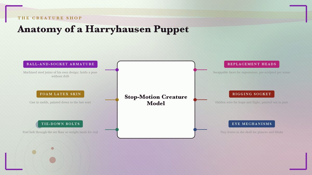 Anatomy diagram of a Harryhausen stop-motion creature puppet, labeling the ball-and-socket steel armature, foam latex skin, hidden tie-downs through the set floor, swappable replacement heads, a rigging socket for flying moves, and the internal eye mechanism