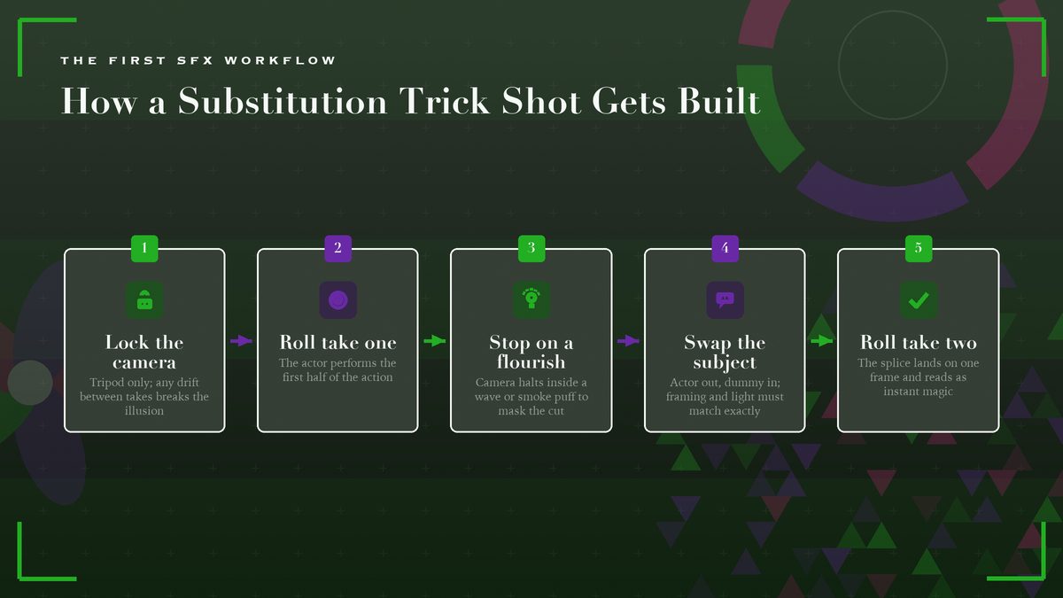 Flow diagram of how a silent-era substitution trick shot is built