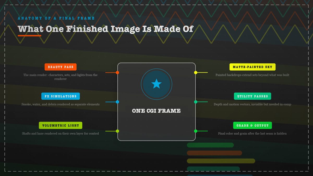 Anatomy diagram of the layers inside one finished CGI frame