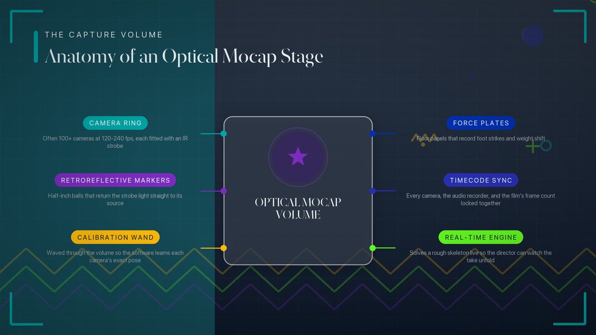 Anatomy diagram of an optical motion capture stage showing the camera ring, markers, calibration wand, force plates, timecode sync, and real-time engine