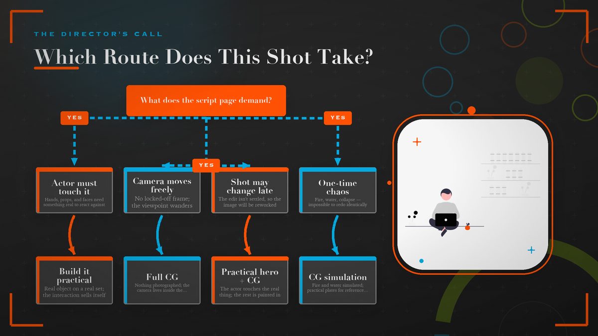 Decision flowchart showing how four production questions steer a shot toward practical, full CG, a practical hero with CG extensions, or CG simulation