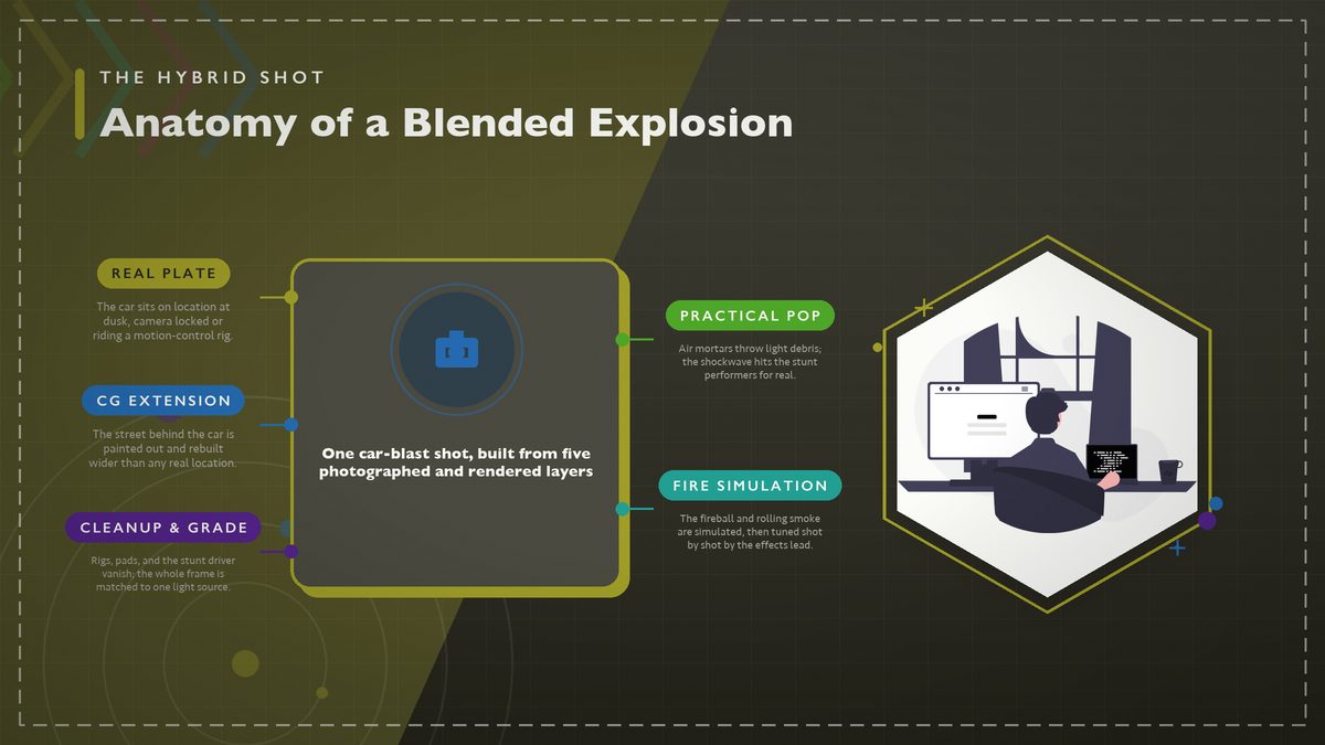 Anatomy diagram of a hybrid explosion shot breaking it into five layers: real plate, practical debris pop, CG environment extension, fire simulation, and final cleanup and grading