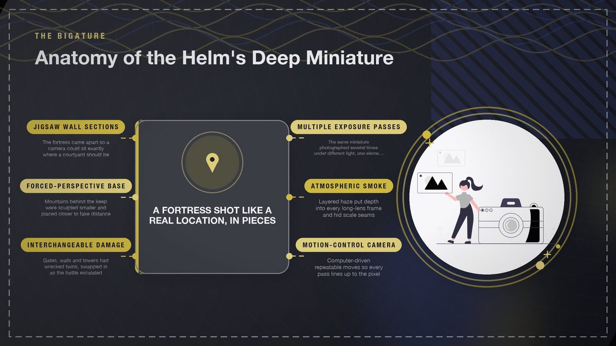 Anatomy diagram of the Helm's Deep bigature showing its jigsaw wall sections, forced-perspective base, interchangeable damage pieces, multiple exposure passes, atmospheric smoke, and motion-control camera